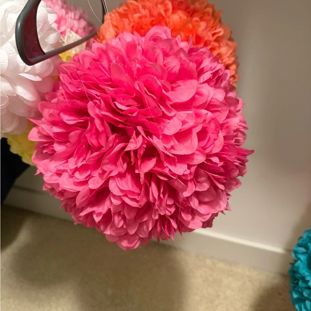 Vibrant Hot Pink Flower Ball Decoration- 10” in diameter. Qty 1 of hot pink.